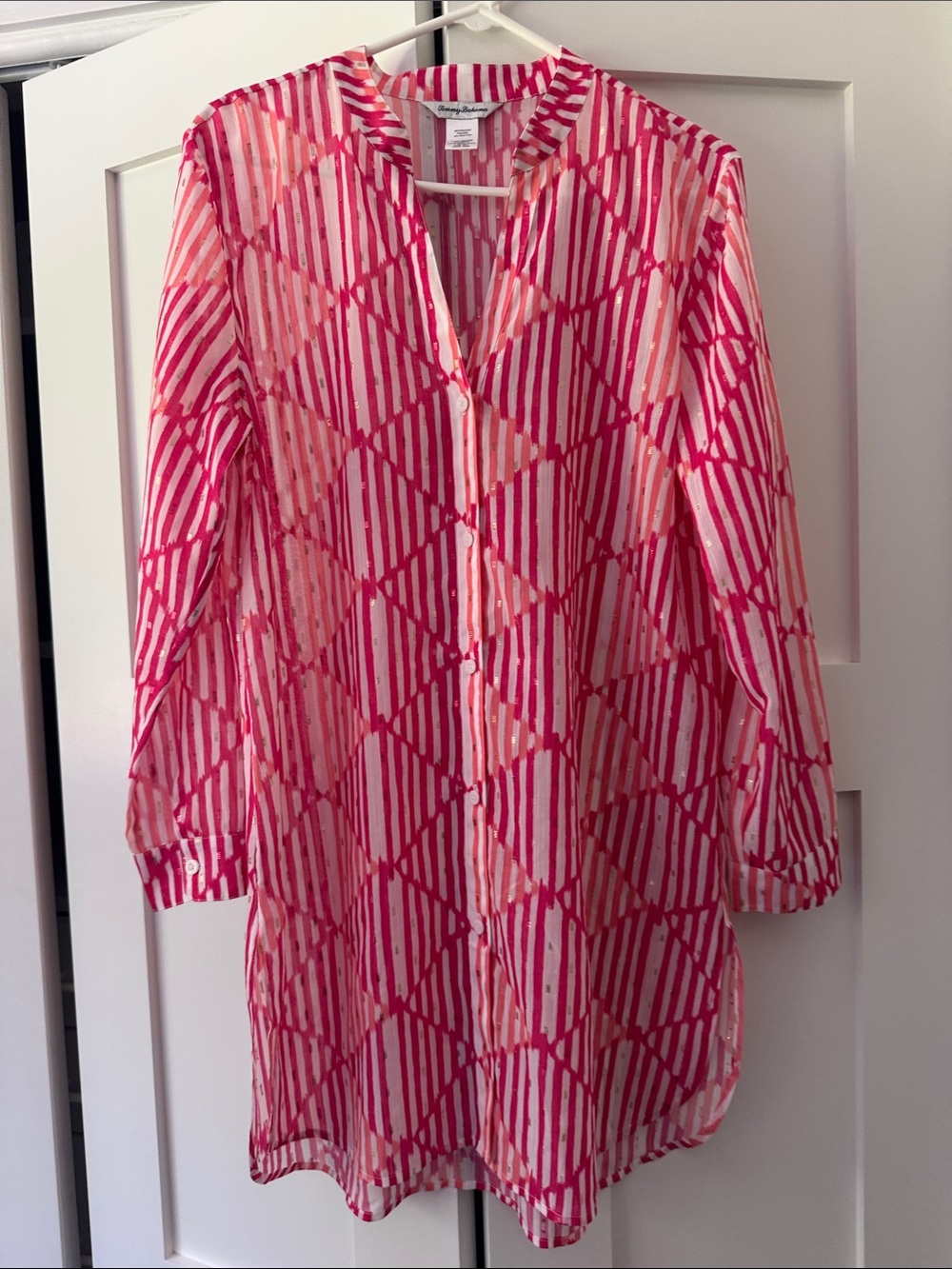 Tommy Bahama Pink & White beach cover-up Geometric Button-Front Tunic